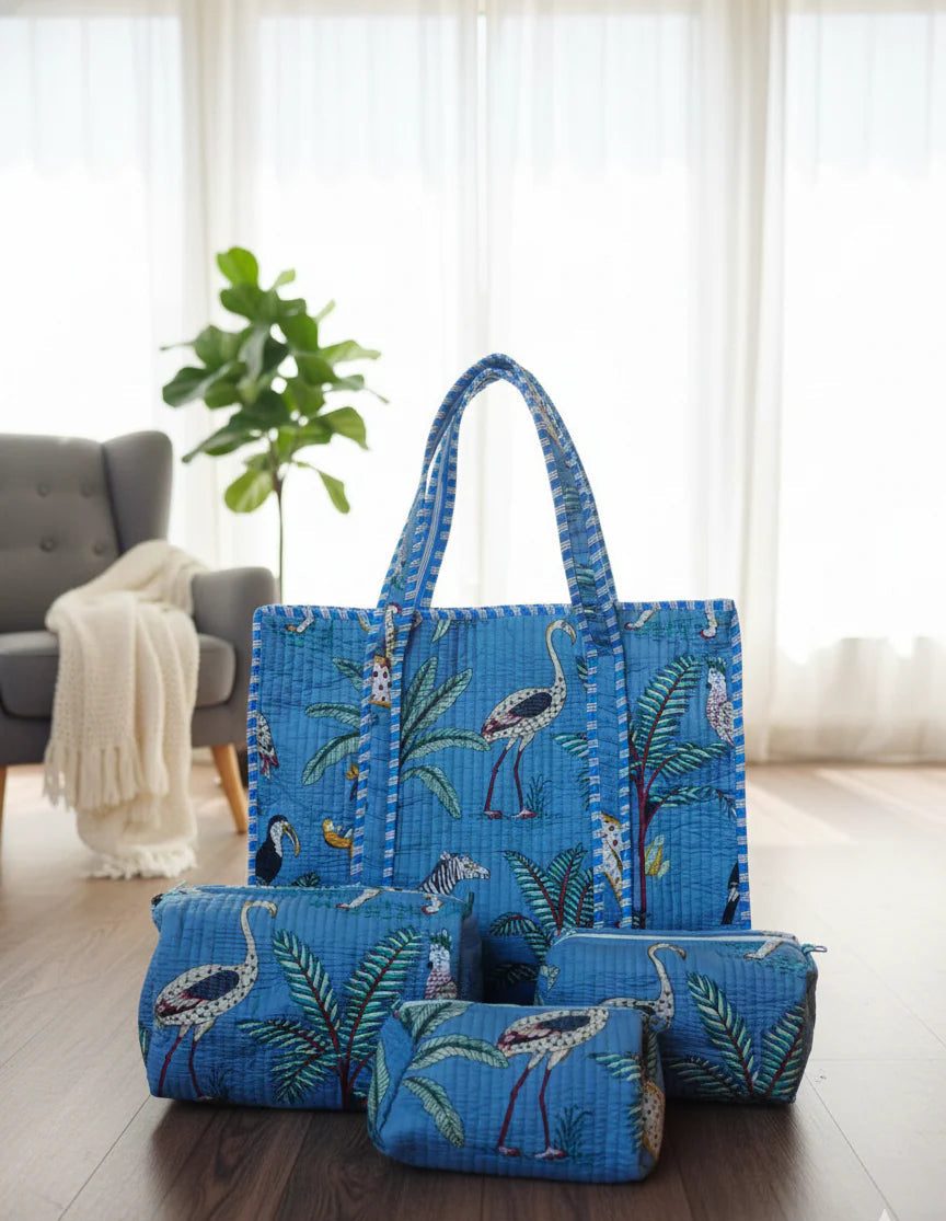 Jungle Print Cotton Quilted Tote & 4-Piece Travel Set