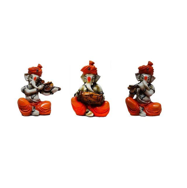 Set of 3 Ganesha Playing Violen, Dholak, and Flute