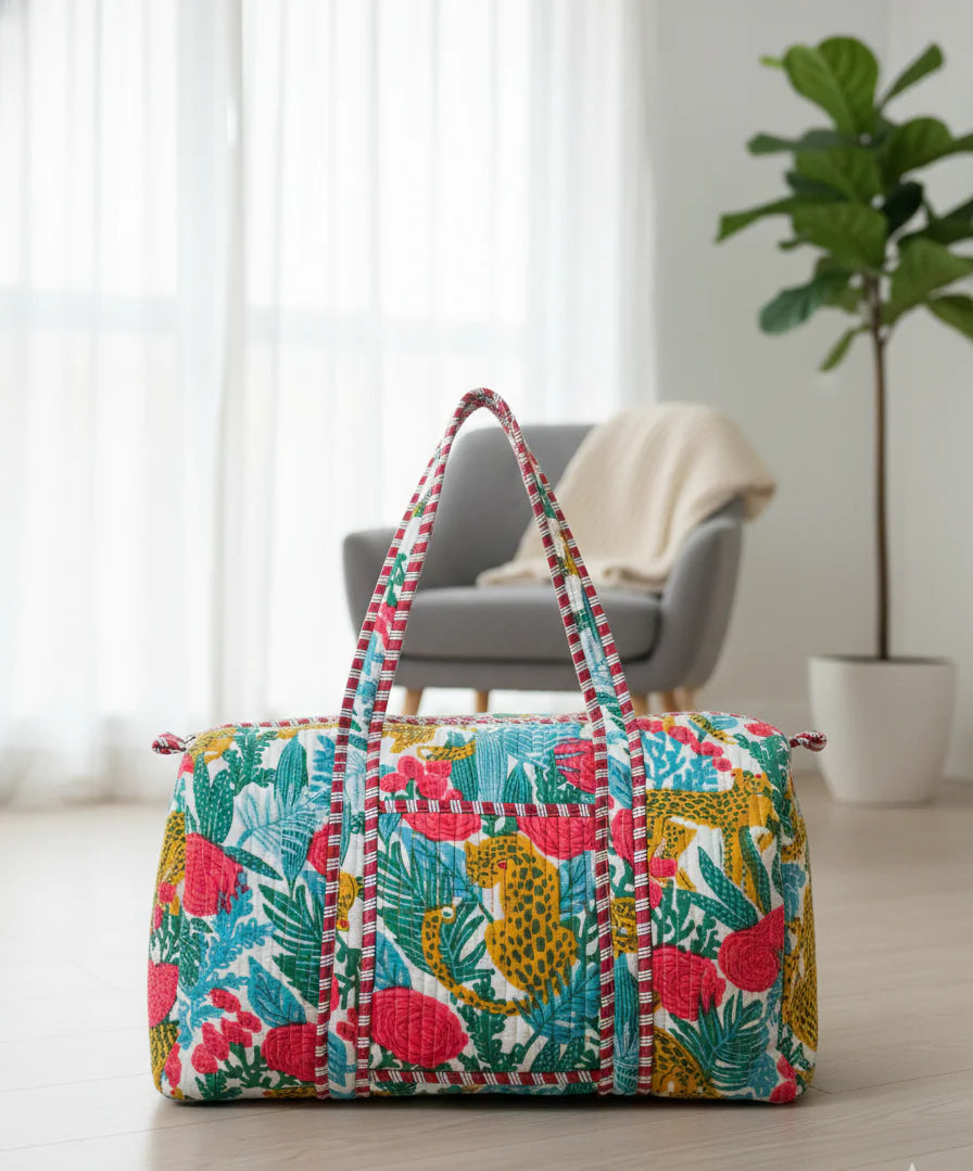 Artisanal Jungle Print Cotton Quilted Duffle Bag