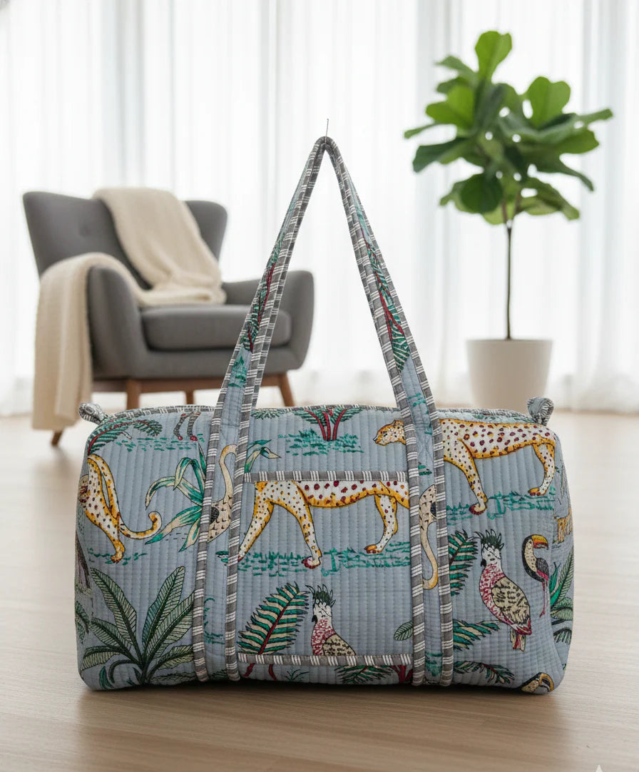 Artisanal Jungle Print Cotton Quilted Duffle Bag