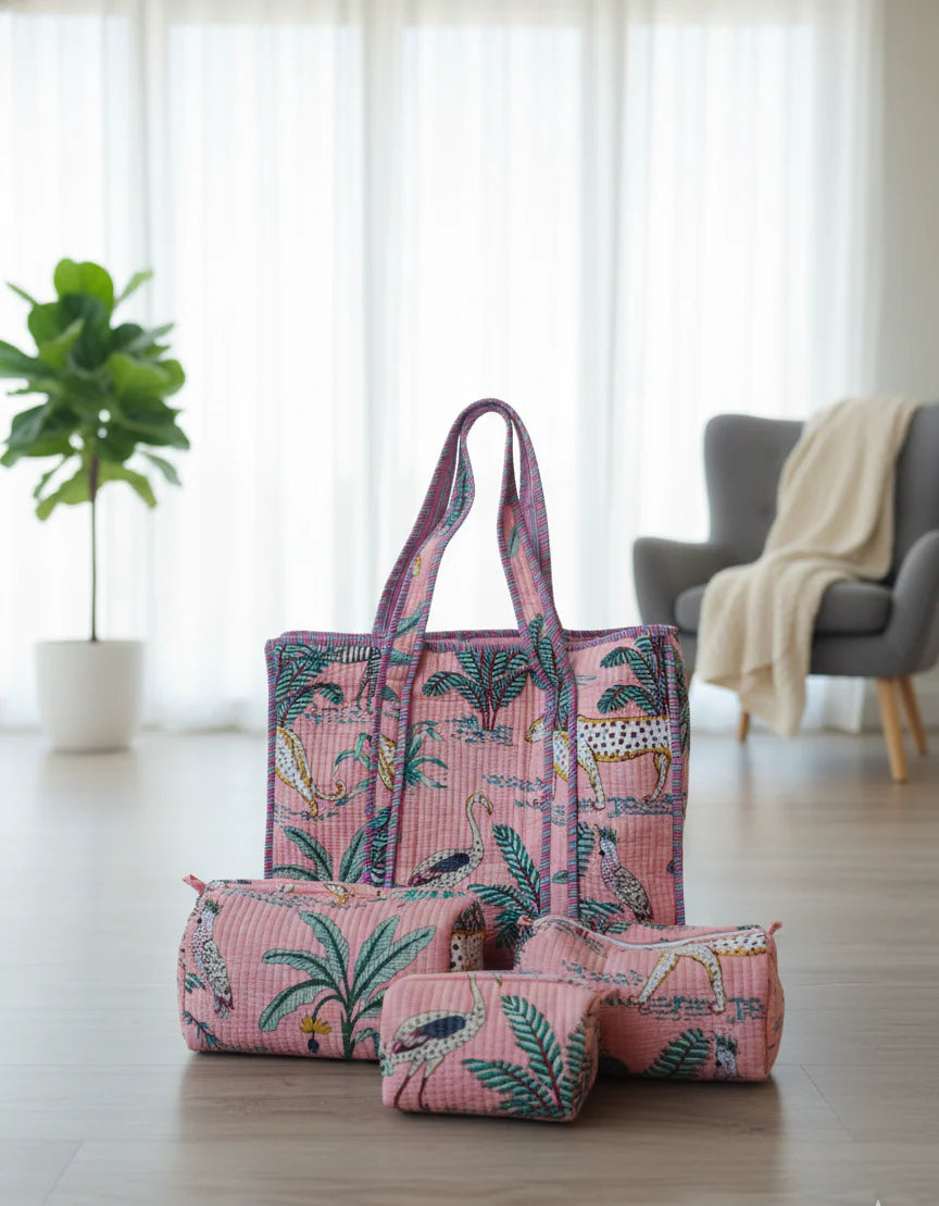 Jungle Print Cotton Quilted Tote & 4-Piece Travel Set