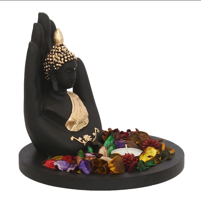 Polyresin Black and Golden Handcrafted Palm Buddha Statue with Wooden Base Tealight Candle Holder