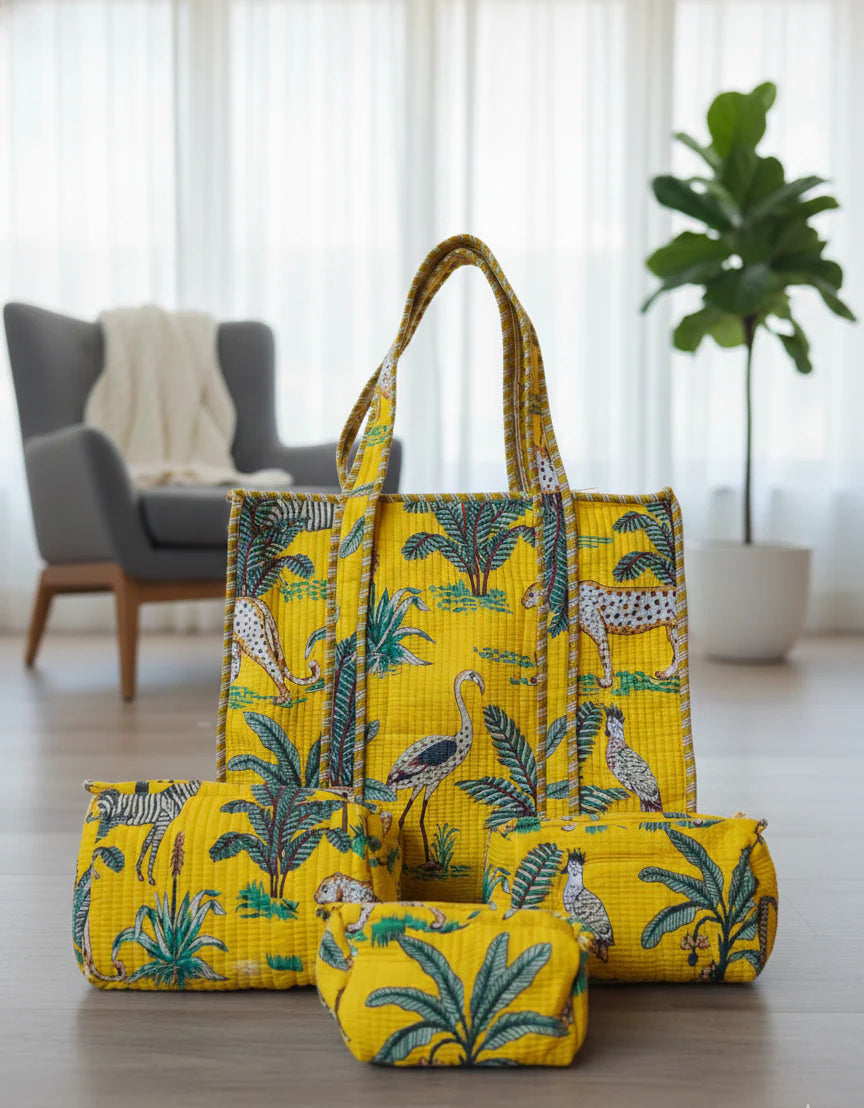 Jungle Print Cotton Quilted Tote & 4-Piece Travel Set