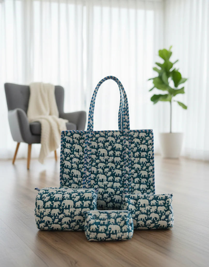 Elephant Print Cotton Quilted Tote & 4-Piece Travel Set