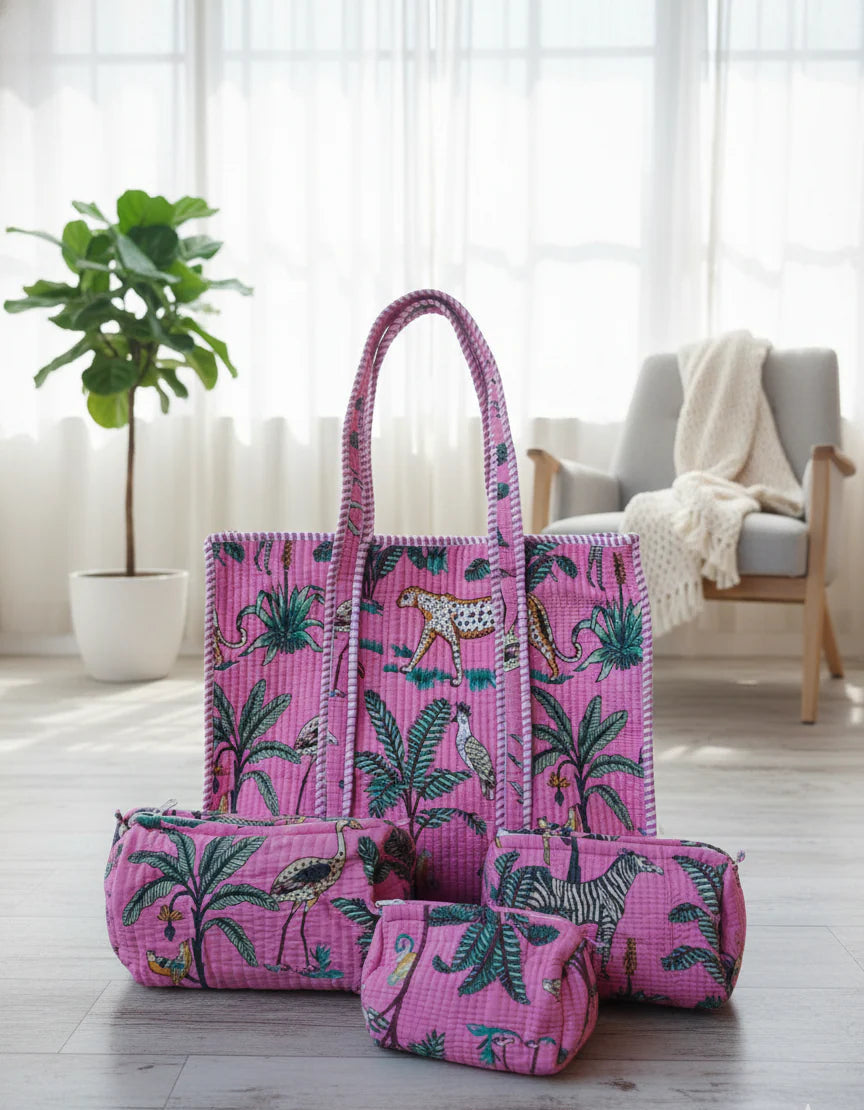 Jungle Print Cotton Quilted Tote & 4-Piece Travel Set