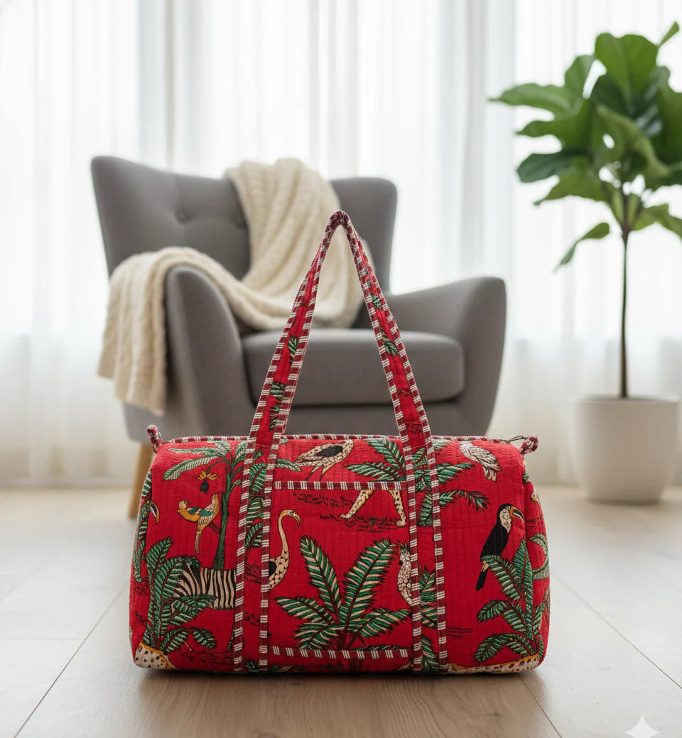 Artisanal Jungle Print Cotton Quilted Duffle Bag