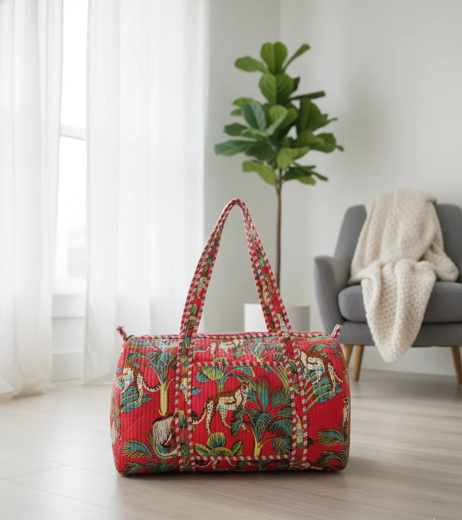 Artisanal Jungle Print Cotton Quilted Duffle Bag