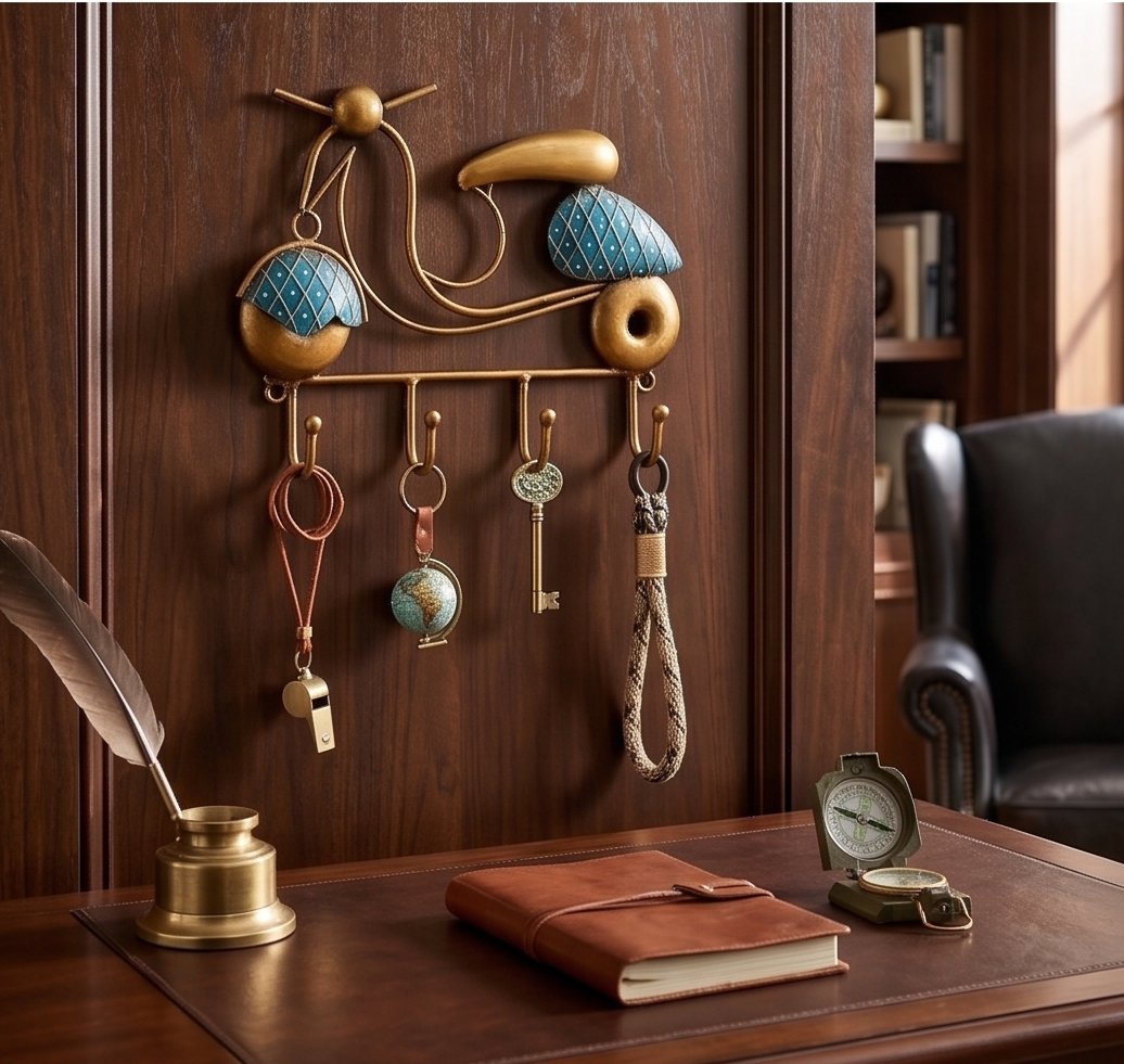 A decorative wall-mounted key rack shaped like a vintage scooter, shown hanging on a dark wood door in a styled interior. The rack has gold-toned metal hardware, blue textured accents, and several hanging keys and accessories.