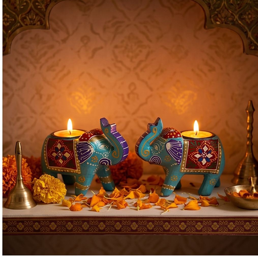 A four-panel collage showing decorative elephant-shaped tealight candle holders in turquoise, red, purple, and gold. The holders are shown in different settings: on a wooden surface, on a shelf, and on a table, with lit candles inside.