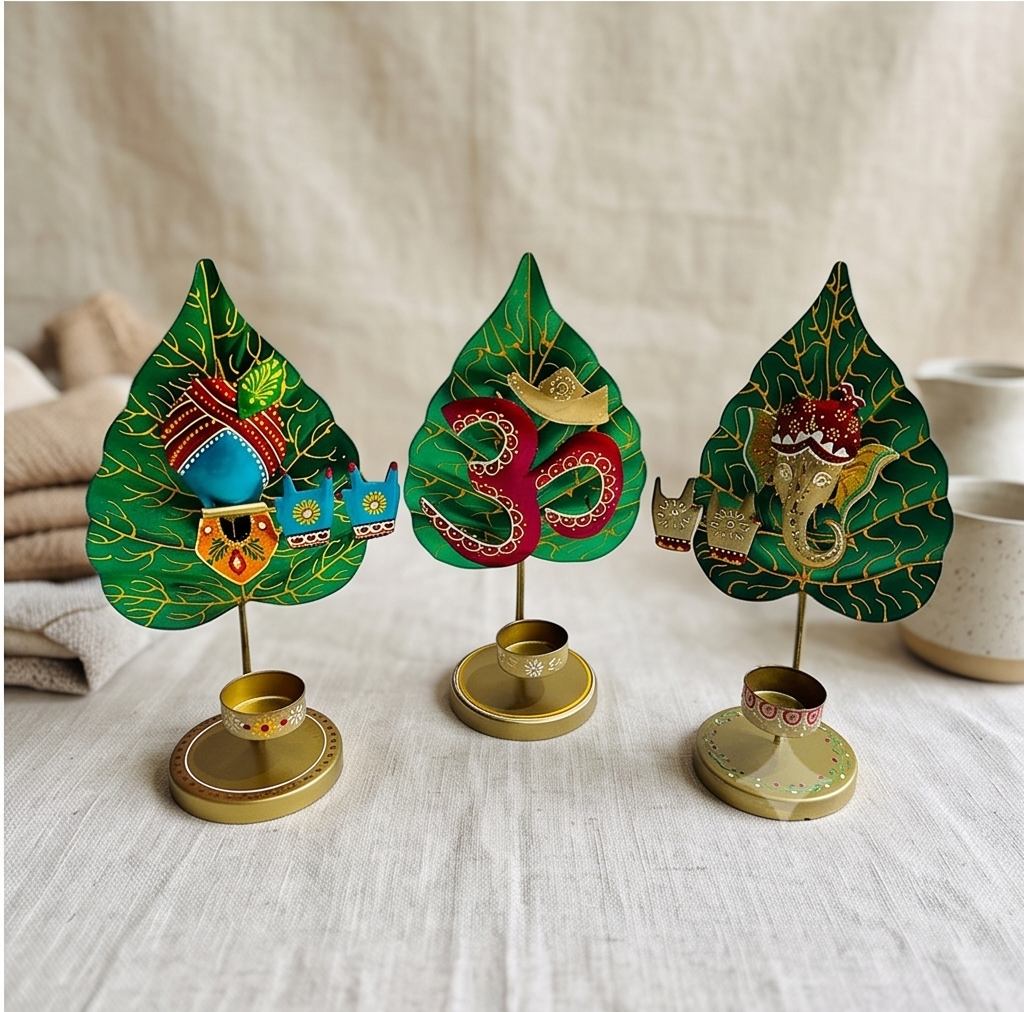 Handcrafted Metal Betel Leaf Tealight Candle Holders (Set of 3) – Traditional Krishna, Om & Ganesha T-Light Stands for Diwali & Home Decor
