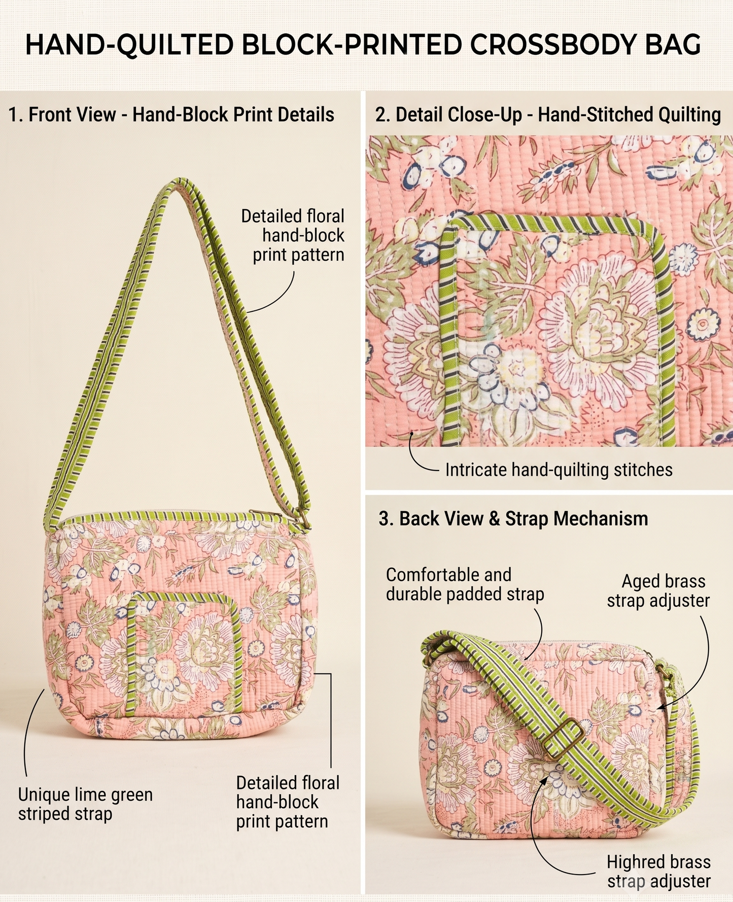 Handmade. Quilted Cotton Sling Bag | 9 x 9 Inch Crossbody Bag