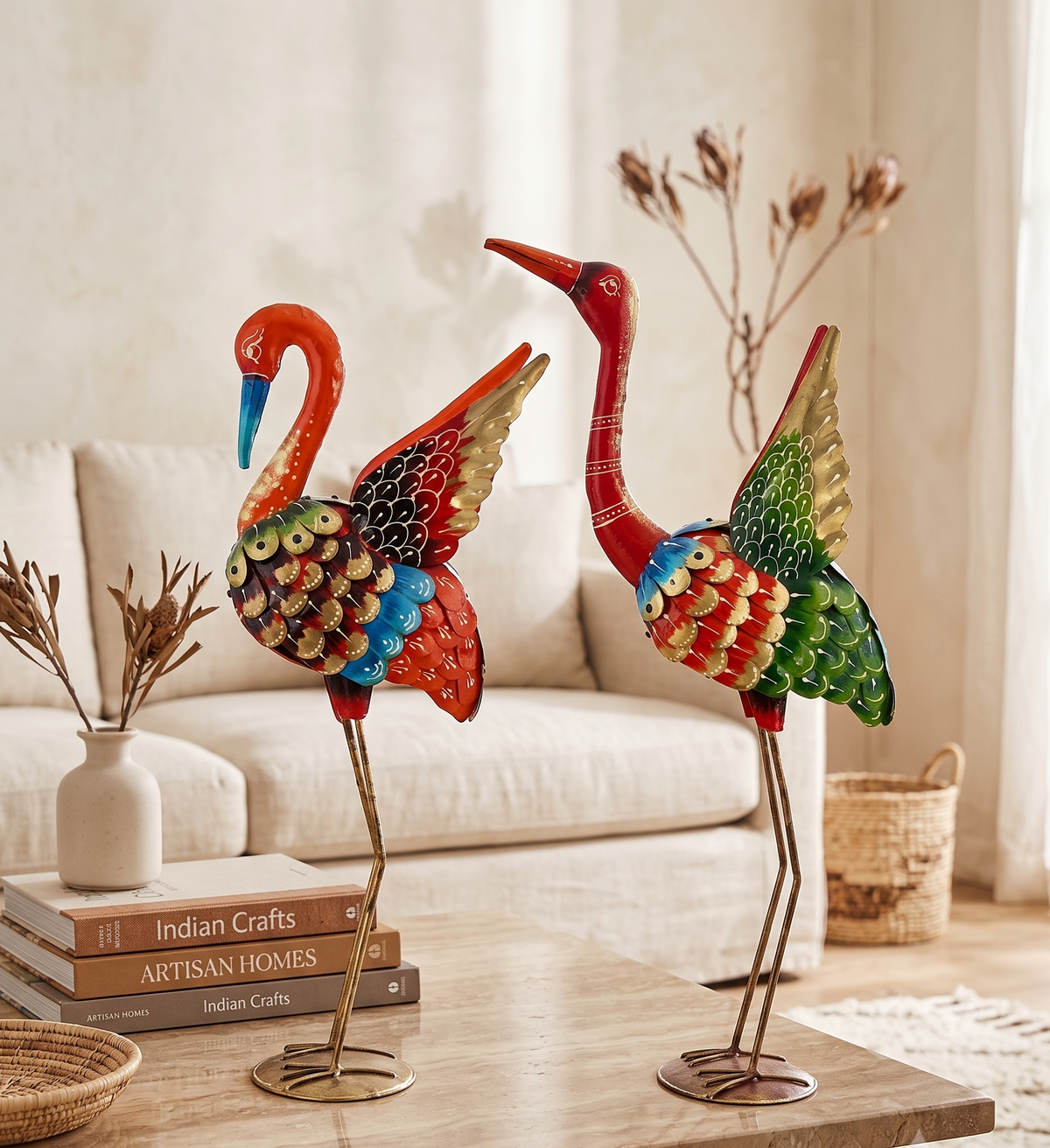 Rajasthani Handpainted Standing Metal Crane Showpiece Set for Living Room & Floor Decor