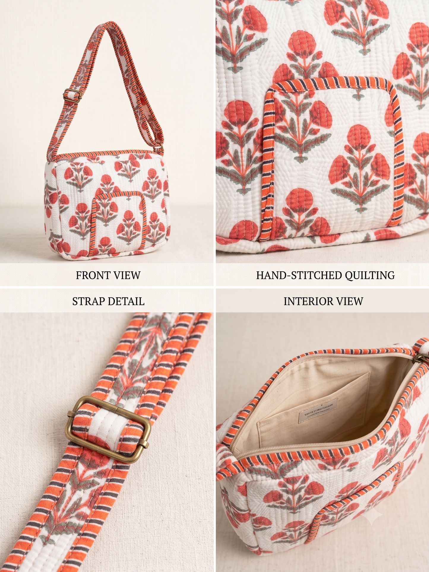 A four-panel collage showing a quilted fabric crossbody bag from multiple angles: front view, hand-stitched quilting detail, strap detail, and interior view. The bag has a white base with a coral-red and gray floral block print and orange striped trim, plus a beige interior.