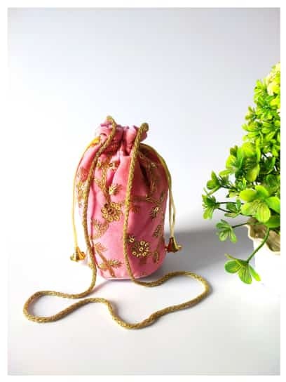 Embroidery Velvet Fabric Designer Base Potli Bags With Beads Handle For Women (7*4 Inch)