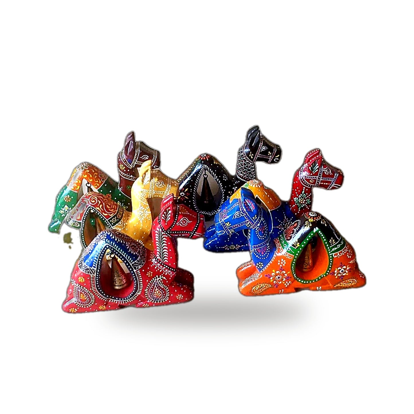 Wooden Hand-Painted Camel Figurines on Stand – Set of 4