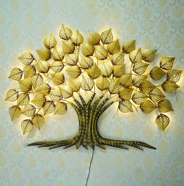 Brown and Golden Leaves Tree Iron Wall Hanging Decor with background LED's