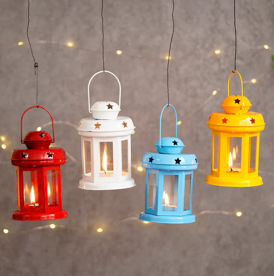 Iron Set of 4 tea light candle holder Lantern(Blue, Yellow, Red, White)