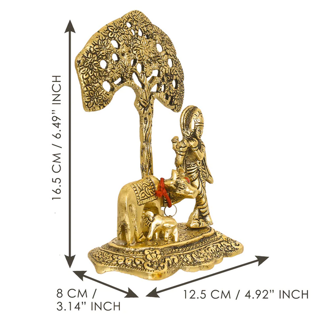 Golden Lord Krishna Idol playing Flute under Tree with Cow and Calf