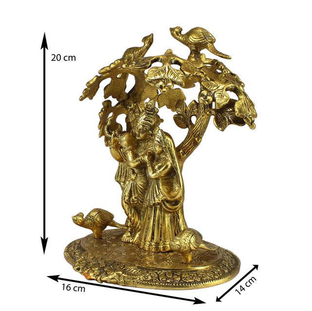 Golden Metal Radha Krishna Statue Standing Under Tree