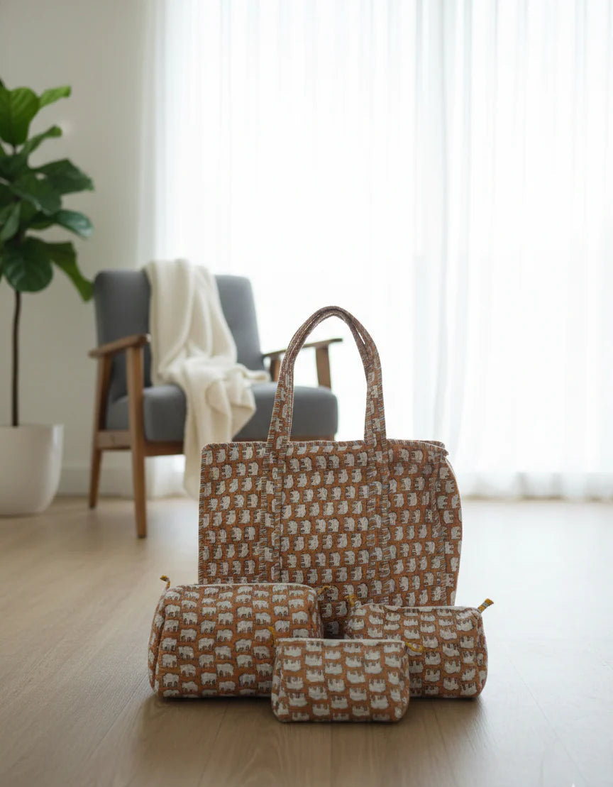 Elephant Print Cotton Quilted Tote & 4-Piece Travel Set