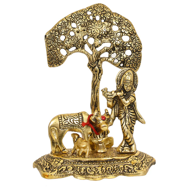 Golden Lord Krishna Idol playing Flute under Tree with Cow and Calf