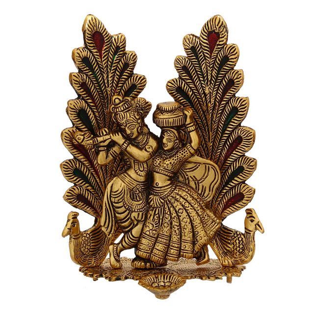 Decorative Golden Metal Radha Krishna Idol with Diya