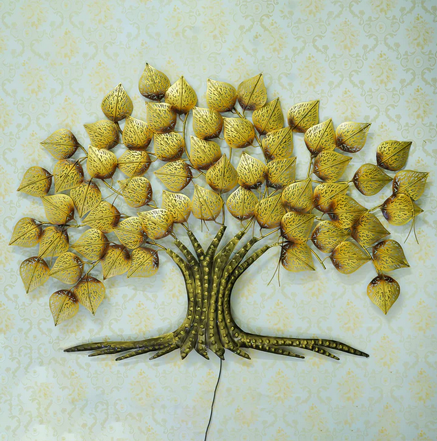 Brown and Golden Leaves Tree Iron Wall Hanging Decor with background LED's