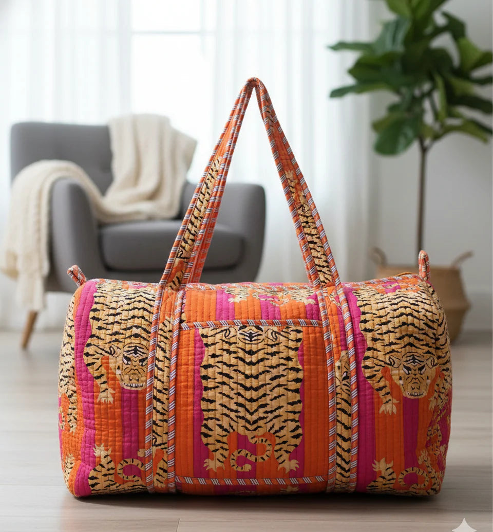 Artisanal Tiger Print Cotton Quilted Duffle Bag