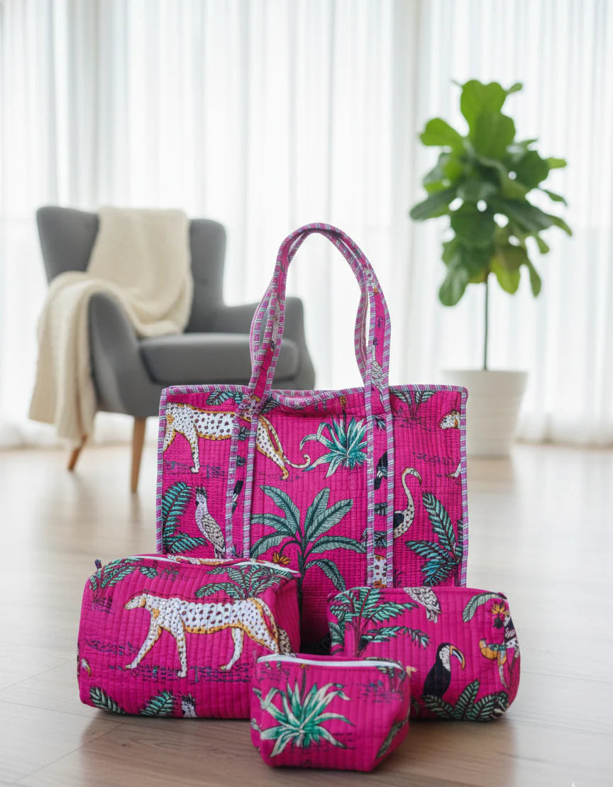 Jungle Print Cotton Quilted Tote & 4-Piece Travel Set