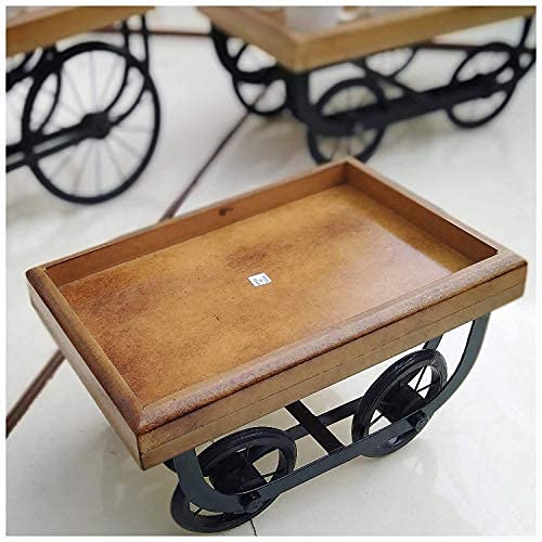 Handcrafted Wooden Trolley Cart Serving Tray with Wrought Iron Wheels