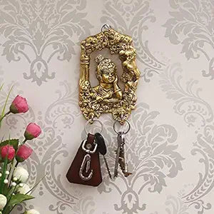 Golden Lord Krishna Wall Hanging 2 Hooks Key Holder