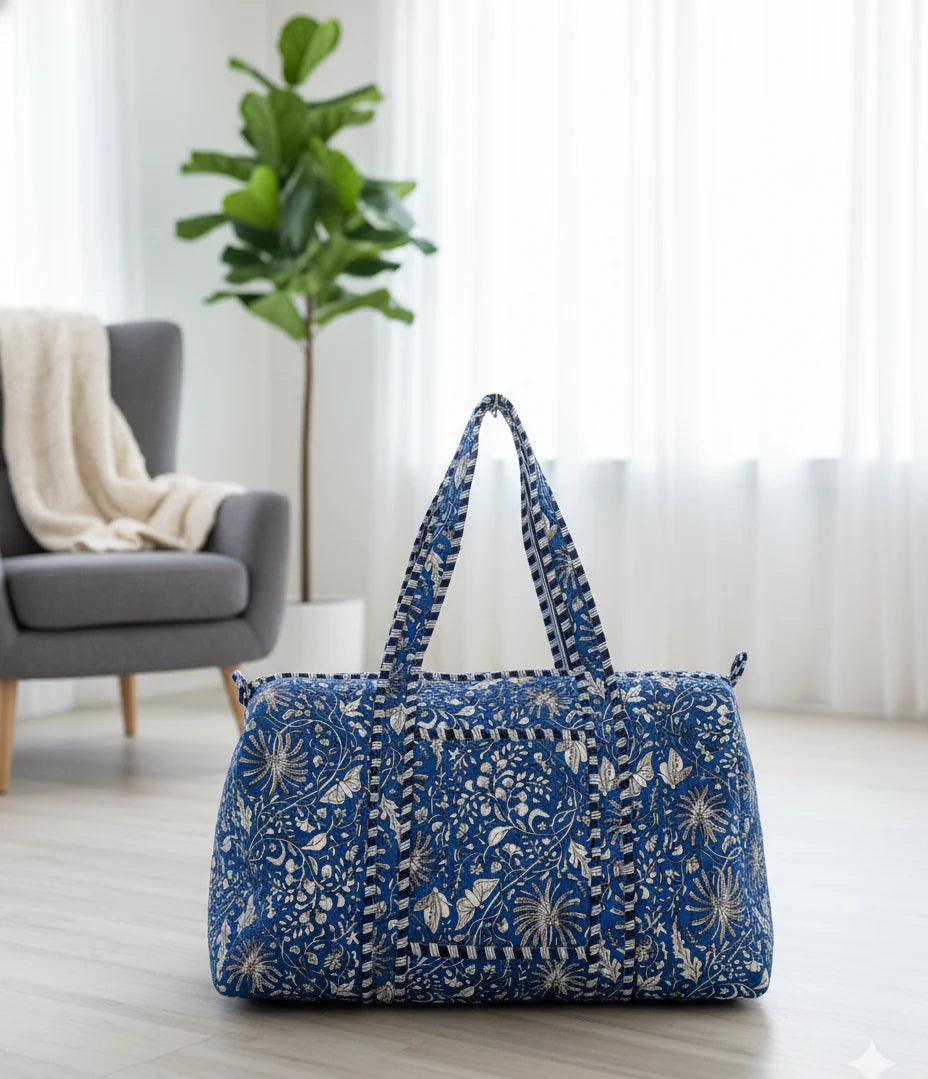 Artisanal Indigo Print Cotton Quilted Duffle Bag