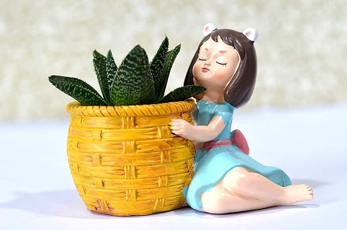 Wood Handy Cute Girl Polyresin Pot for Indoor Plants & Office Desk Decor, Multicolour