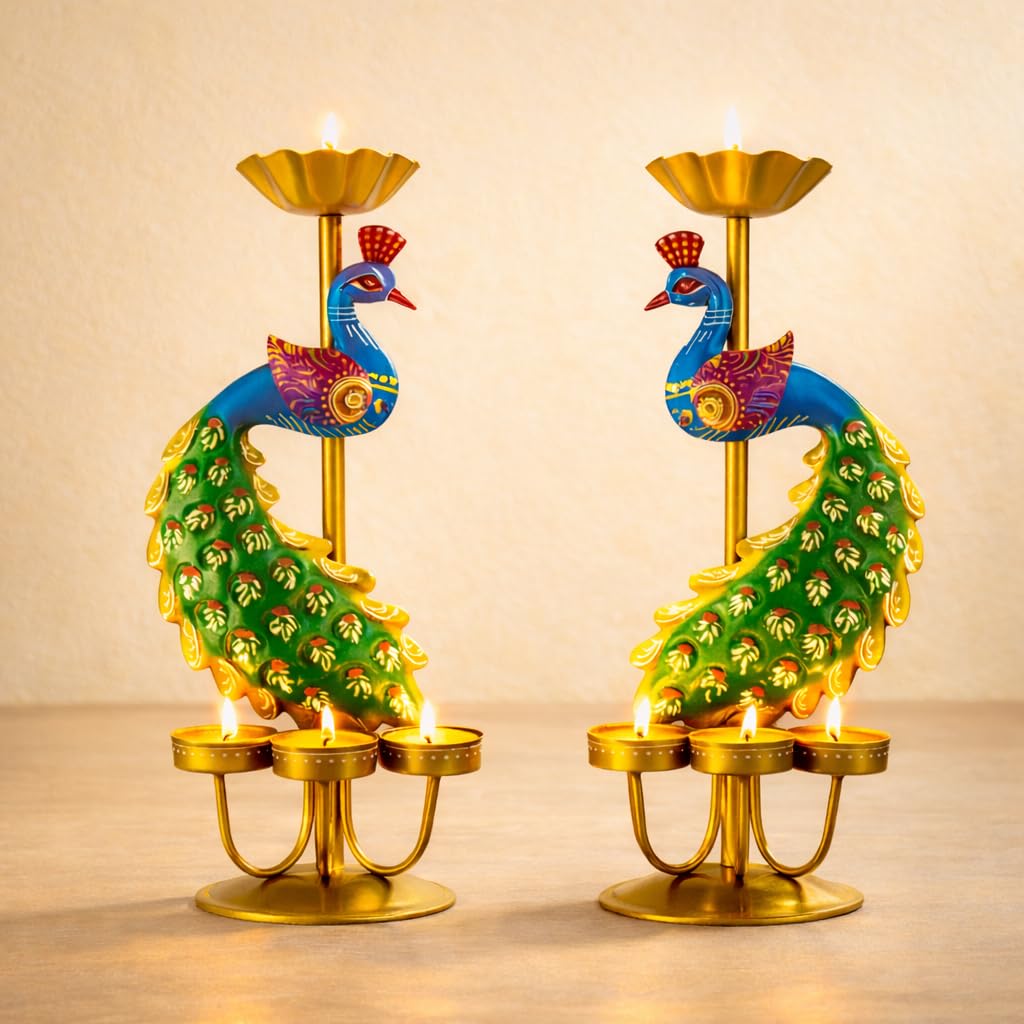 Handcrafted Peacock Metal Candle & T-Light Holder (Set of 2)