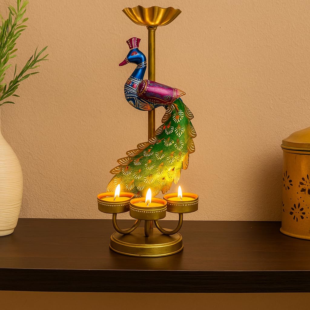 Handcrafted Peacock Metal Candle & T-Light Holder (Set of 2)