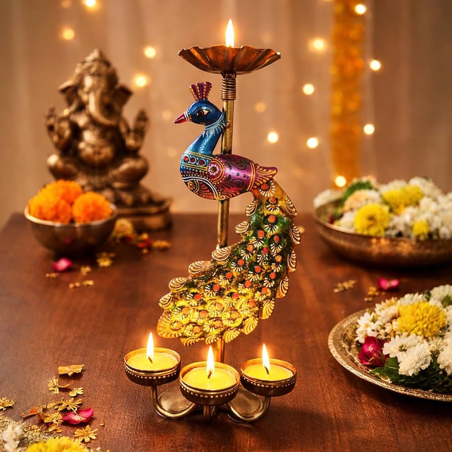 Handcrafted Peacock Metal Candle & T-Light Holder (Set of 2)