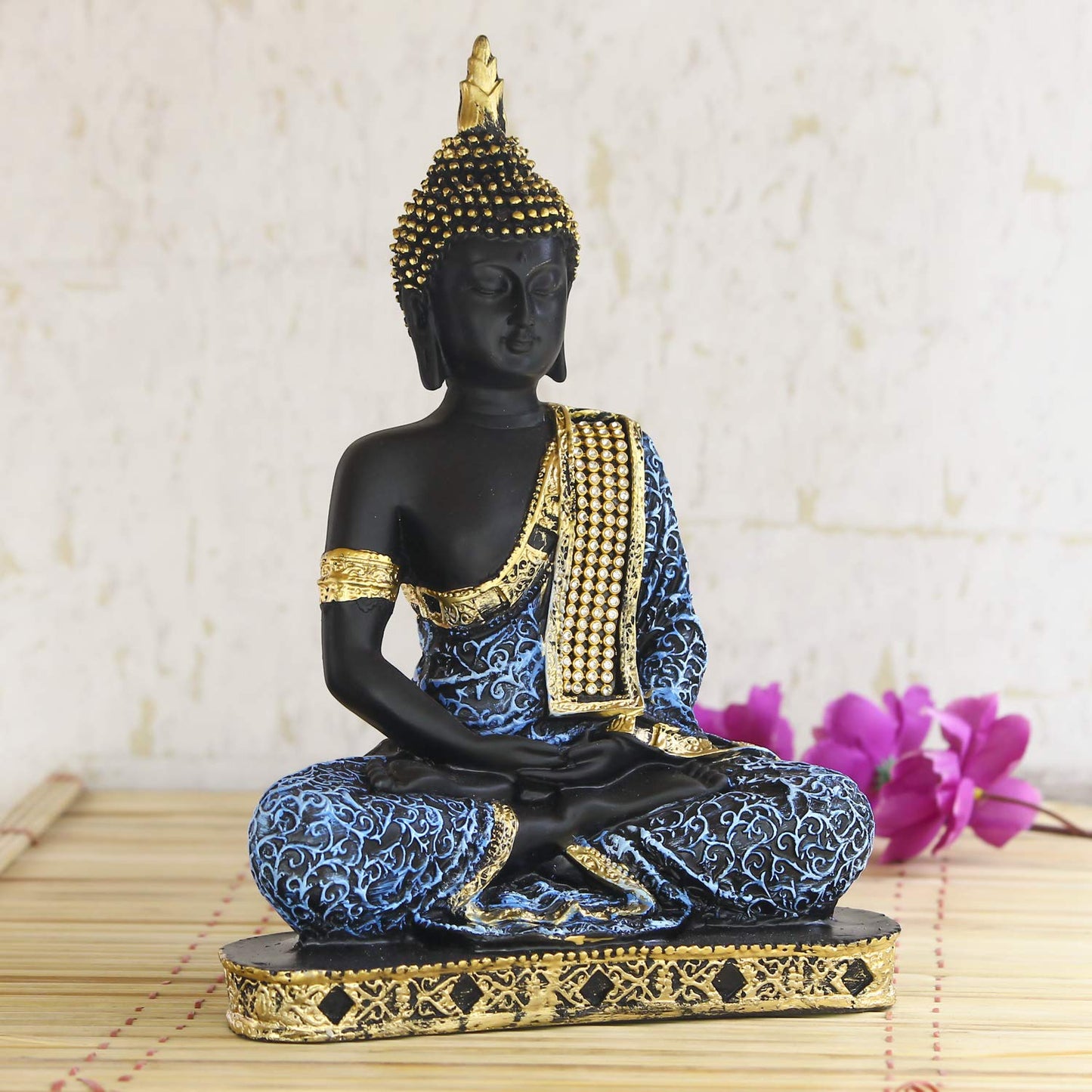 Jaipuri Craft Beautiful Black Golden Meditating Lord Buddha