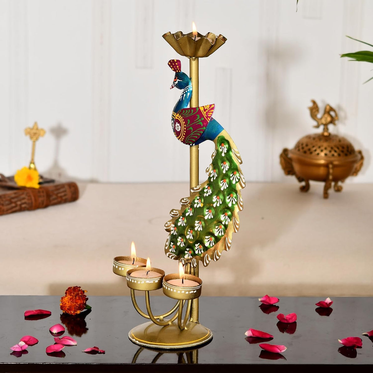 Handcrafted Peacock Metal Candle & T-Light Holder (Set of 2)