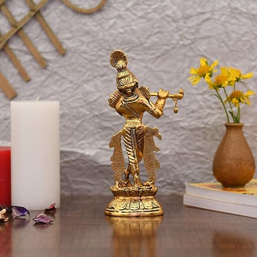 Lord Krishna Idol Statue Krishna Idols Gold Plated Flute Playing Krishan Decorative Showpiece Figurine for Pooja Room & Gift