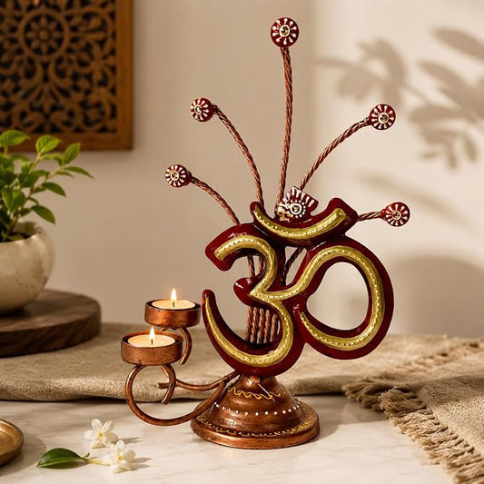 Handcrafted Metal Om T-Light Candle Holder with Dual Diya Sconces