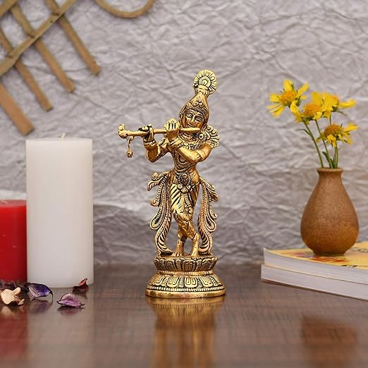 Lord Krishna Idol Statue Krishna Idols Gold Plated Flute Playing Krishan Decorative Showpiece Figurine for Pooja Room & Gift