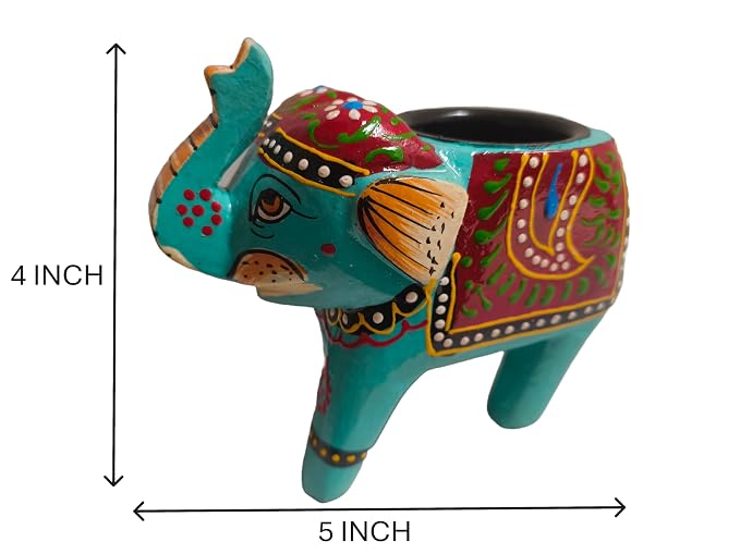 A turquoise elephant-shaped planter with colorful hand-painted patterns, shown with dimension arrows indicating 4 inch height and 5 inch width on a white background.