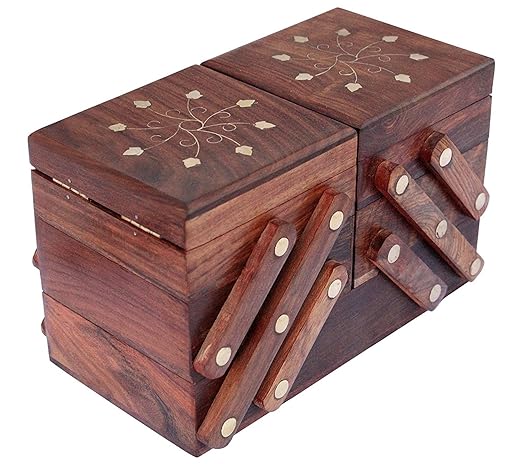 Handmade Wooden Rectangular Jewellery Organizer Box Brass Inlay for Women 5 in 1 (Brown, Standard)