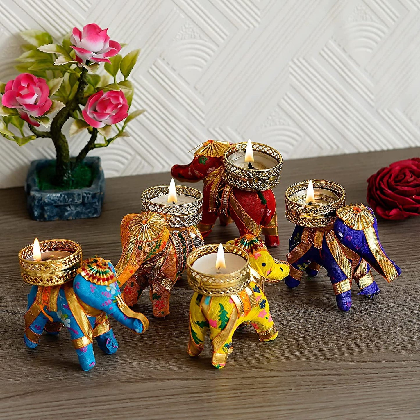 Jaipuri Craft Chunri Elephant T Light Diya for Decoration at Home with Wax