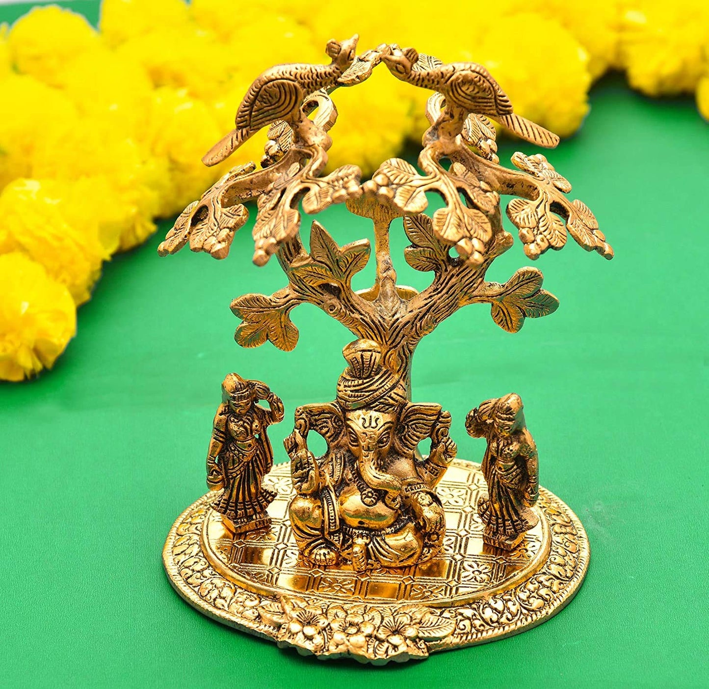 Jaipuri Craft's Golden Brass Metal Lord Ganesh with Riddhi Siddhi Under Tree