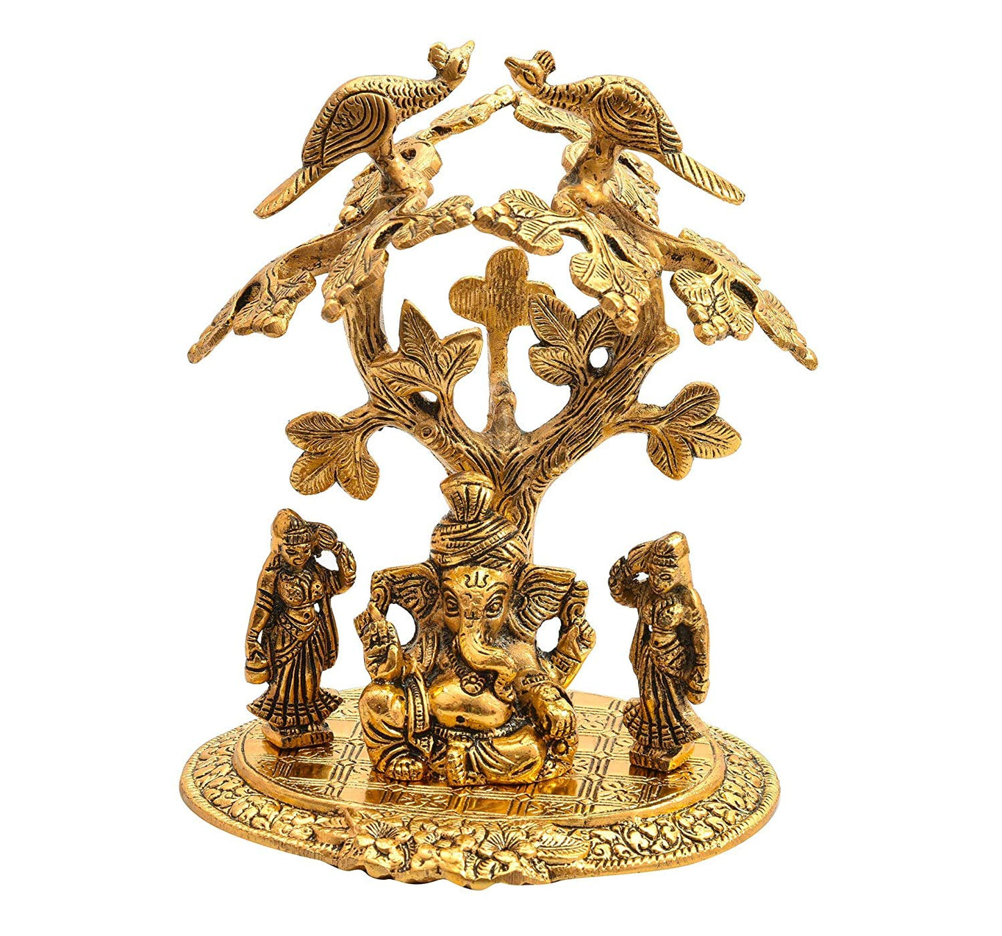 Jaipuri Craft's Golden Brass Metal Lord Ganesh with Riddhi Siddhi Under Tree