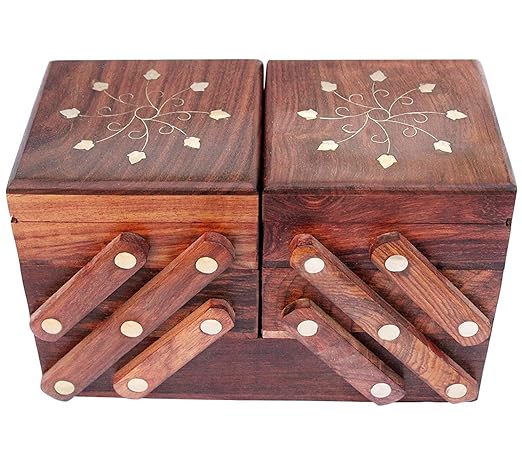 Handmade Wooden Rectangular Jewellery Organizer Box Brass Inlay for Women 5 in 1 (Brown, Standard)