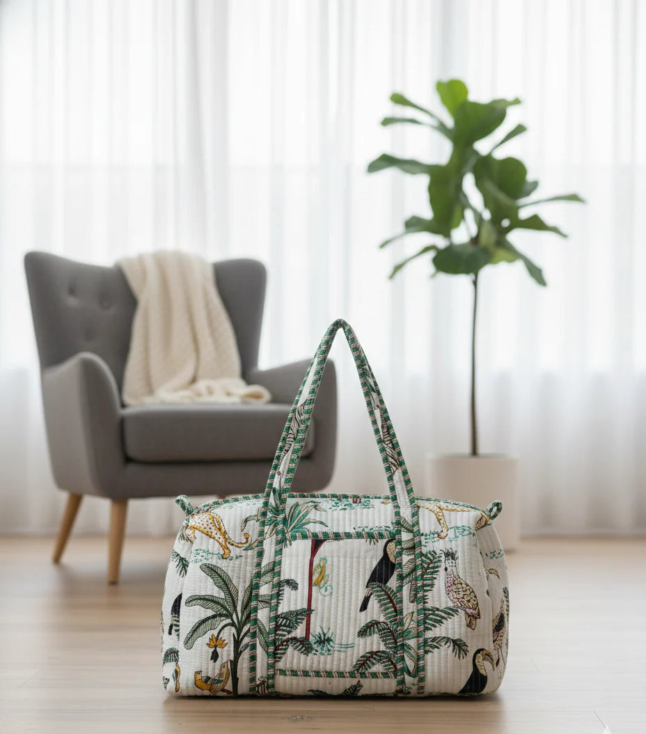 Artisanal Jungle Print Cotton Quilted Duffle Bag