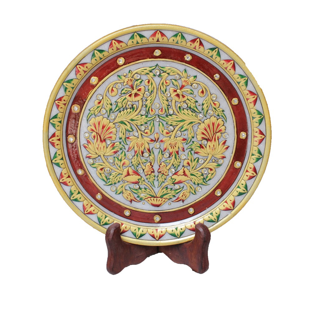 Marble Handmade Emboss Round Plate Painting with Stand