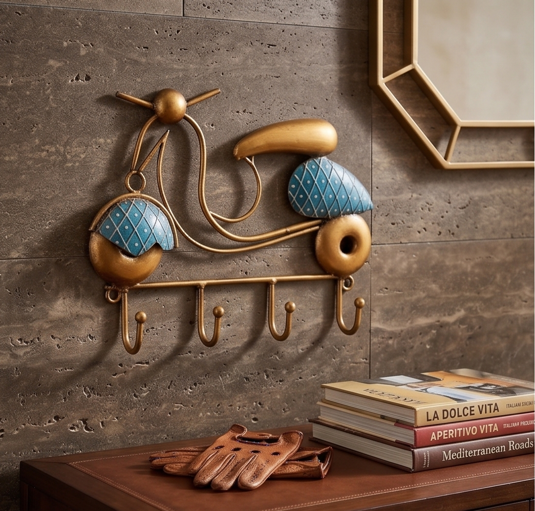 Decorative wall-mounted scooter-shaped coat rack in a warm metallic gold finish with blue quilted details, shown mounted on a textured brown wall above a wooden table with books and leather gloves.